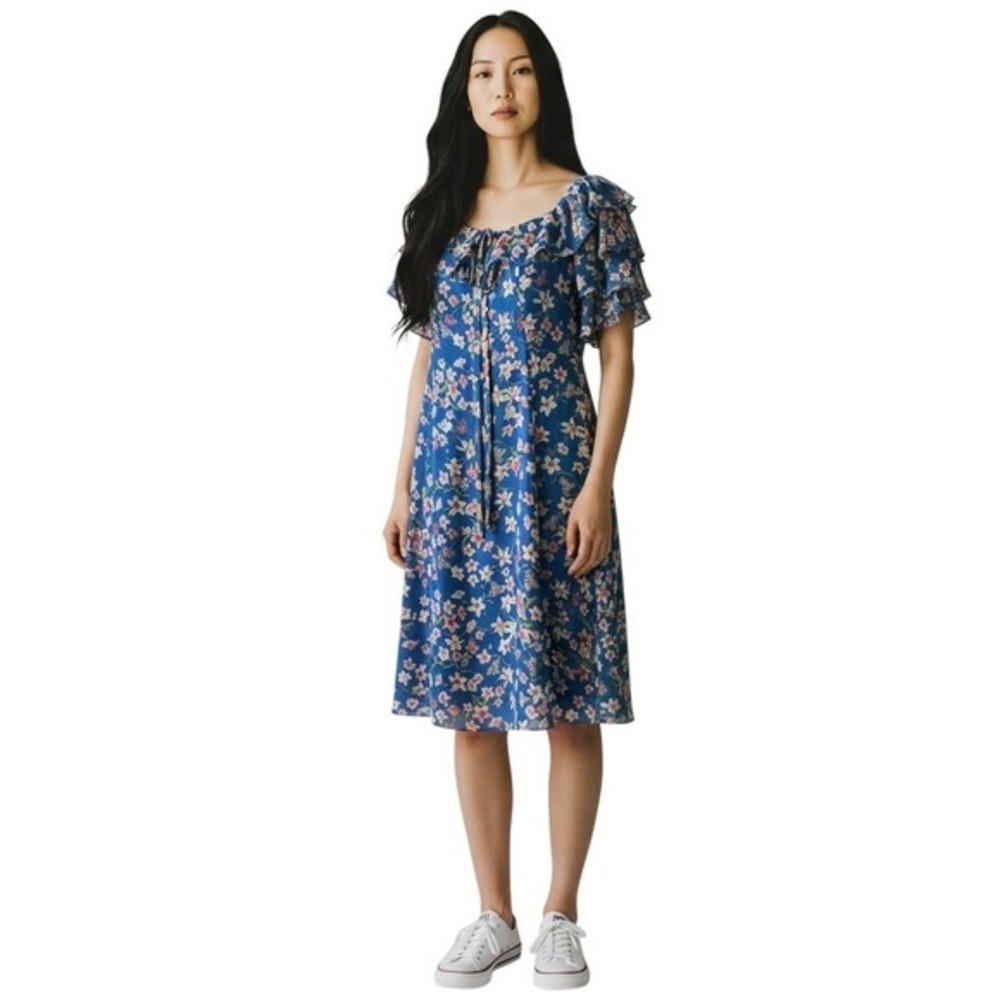 Roz‎ & Ali Blue Floral Ruffle Sleeve Tie Neck Shift Dress Womens Size 8